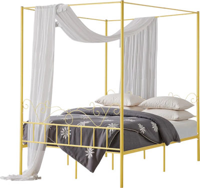 VEVOR Queen Size Canopy Bed Frame, Metal Canopy Bed with Minimalist Headboard & Four Posters Design, Heavy Duty Steel Slats Support, Underbed Storage Space, No Box Spring Needed, Easy Assembly, Gold