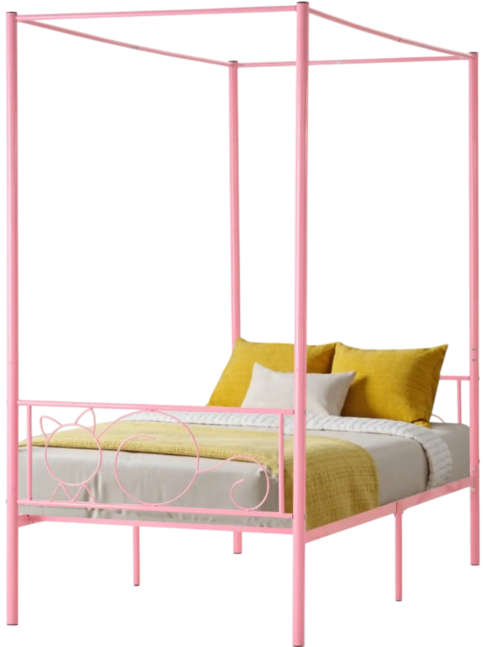 VEVOR Twin Size Canopy Bed Frame, Metal Canopy Bed with Minimalist Headboard & Four Posters Design, Heavy Duty Steel Slats Support, Underbed Storage Space, No Box Spring Needed, Easy Assembly, Pink