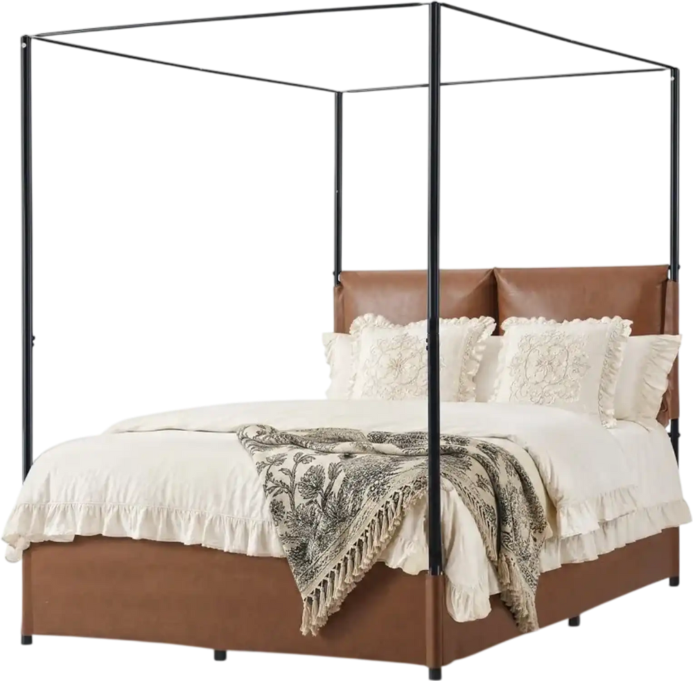 VEVOR Canopy Bed Frame Full Size Metal Canopy Bed with Leather Headboard, For Bedroom, Four-Poster, with Heavy Duty Slats, Under-Bed Storage Space, Easy to Assemble, 800 lbs Stable Support, Brown