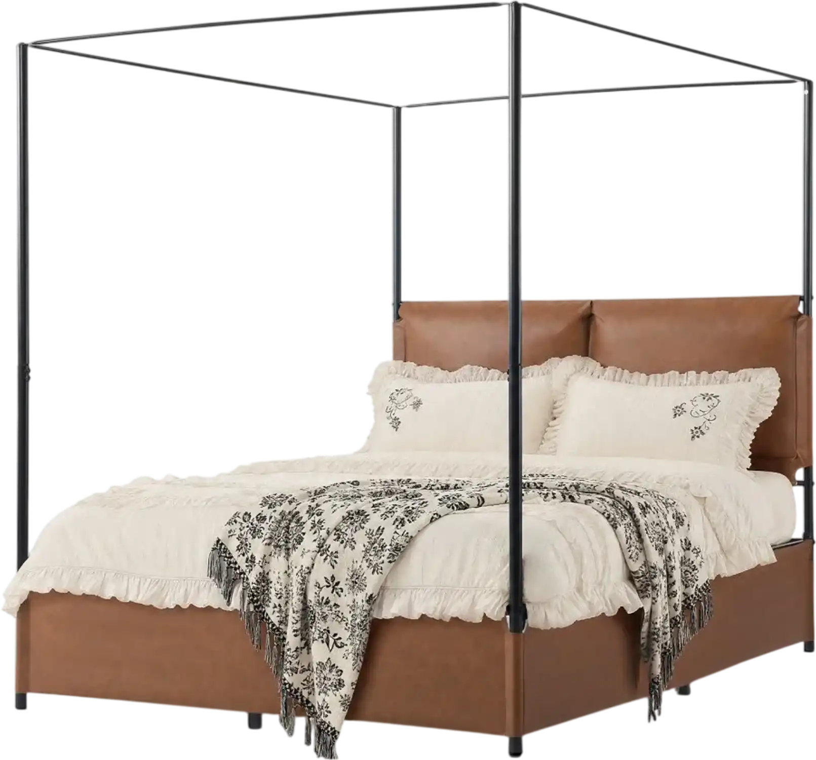 Vevor Canopy Bed Frame Queen Size Metal Bed with Leather Headboard Brown New