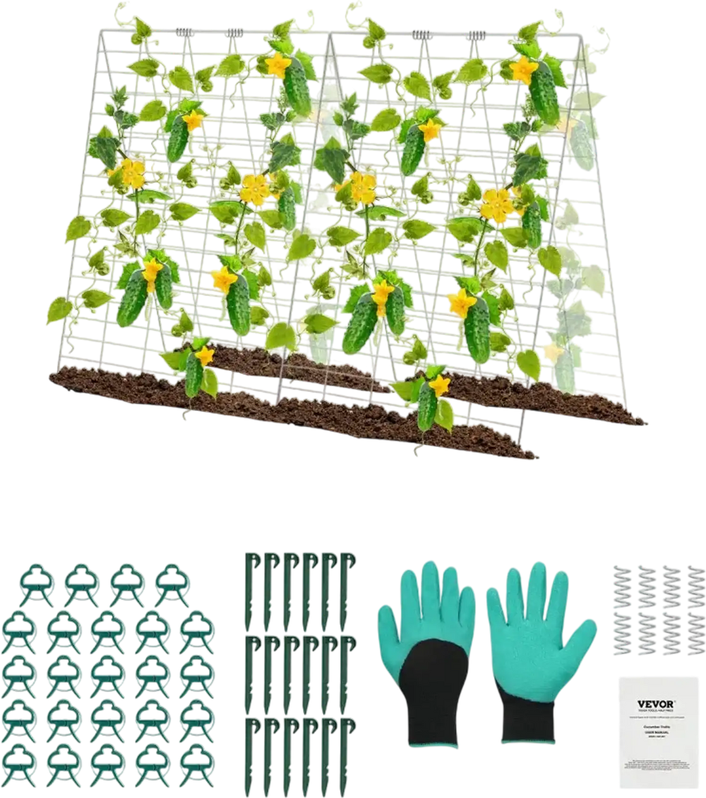 VEVOR Cucumber Trellis for Climbing Plants, 35" x 55" Foldable Cucumber Trellis Set with Plant Clips, Metal Garden Trellis for Raised Bed, Outdoor Plant Grow Support for Tomato, Squash, Vegetable