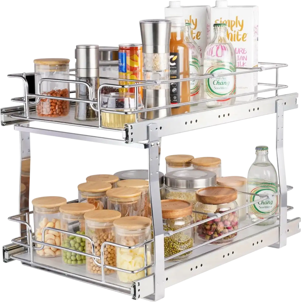 VEVOR 2 Tier 14"Wx21"Dx15"H Pull Out Cabinet Organizer, Heavy Duty Slide Out Pantry Shelves, Steel Roll Out Drawers, Sliding Drawer Storage for Home, 15.5"Wx22"Dx18"H Install Size for Cabinet