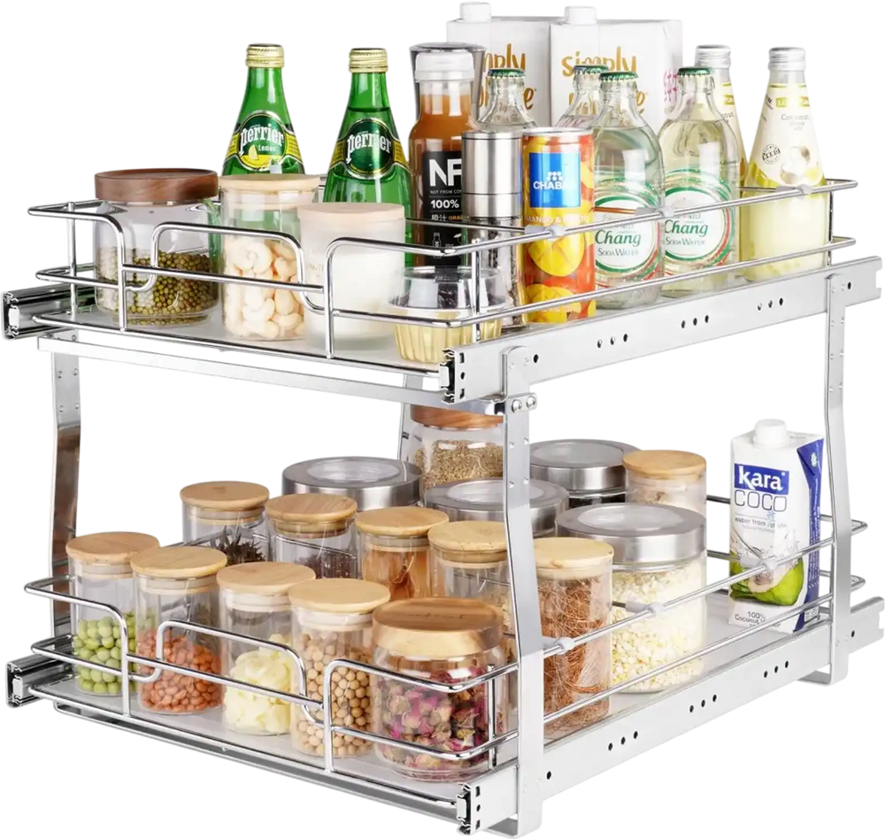 VEVOR 2 Tier 17"Wx21"Dx15"H Pull Out Cabinet Organizer, Heavy Duty Slide Out Pantry Shelves, Steel Roll Out Drawers, Sliding Drawer Storage for Home, 18.5"Wx22"Dx18"H Install Size for Cabinet