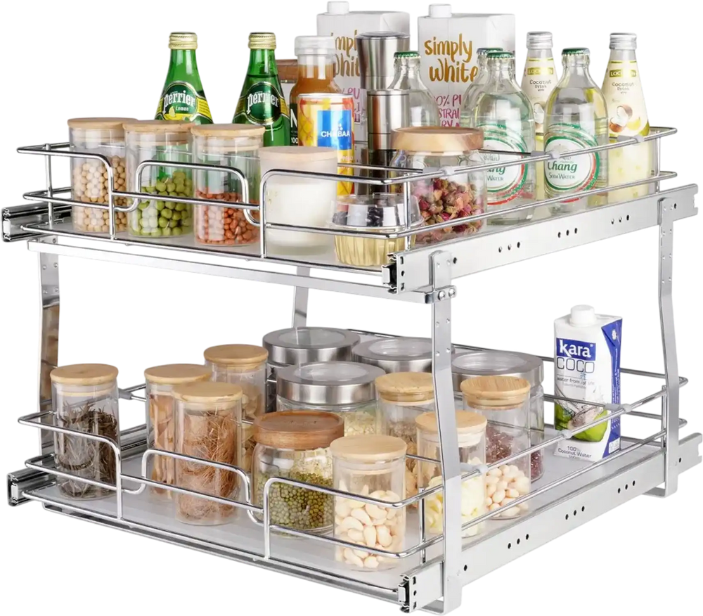 VEVOR 2 Tier 20"Wx21"Dx15"H Pull Out Cabinet Organizer, Heavy Duty Slide Out Pantry Shelves, Steel Roll Out Drawers, Sliding Drawer Storage for Home, 21.5"Wx22"Dx18"H Install Size for Cabinet