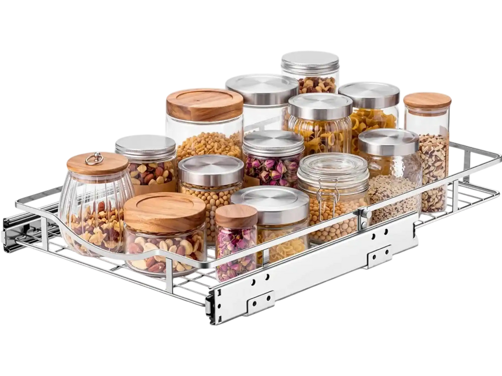 VEVOR Pull Out Cabinet Organizer 14.06"W x 20.94"D Steel Slide Out Drawers, for Kitchen Bathroom Pantry Home Organization, Chrome-Plated Finish, Heavy Duty Storage Sliding Shelves for Base Cabinets