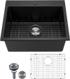 VEVOR 25 inch Kitchen Sink Workstation, Top Mount Granite Sinks, Drop-In Single Bowl Farmhouse Basin with Multiple Accessories, Household Dishwasher Sinks for RV, Prep Kitchen, and Bar (Black)