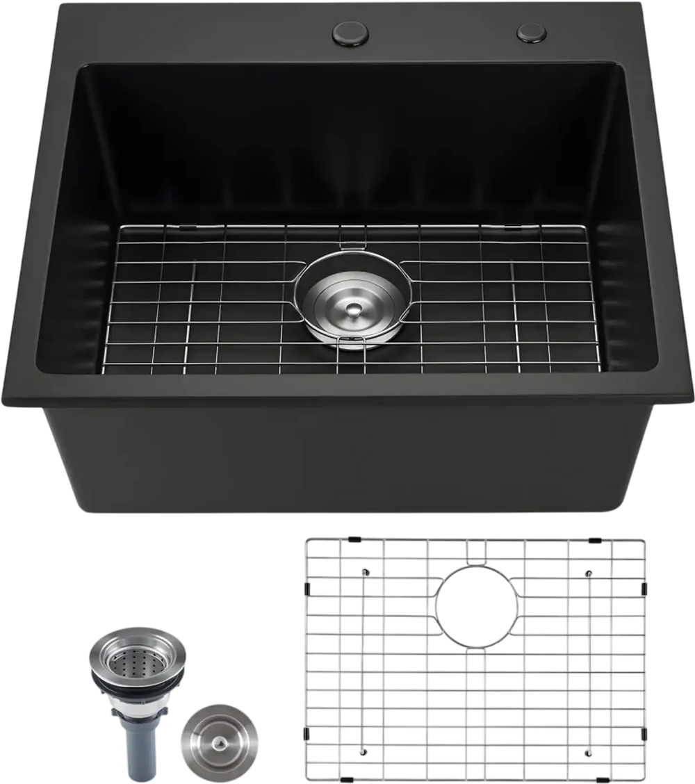 VEVOR 25 inch Kitchen Sink Workstation, Top Mount Granite Sinks, Drop-In Single Bowl Farmhouse Basin with Multiple Accessories, Household Dishwasher Sinks for RV, Prep Kitchen, and Bar (Black)