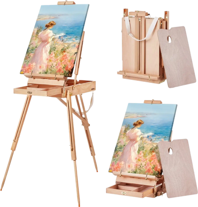 Vevor Easel French Box Beechwood Foldable Sketchbox with Drawer, Palette & Strap New