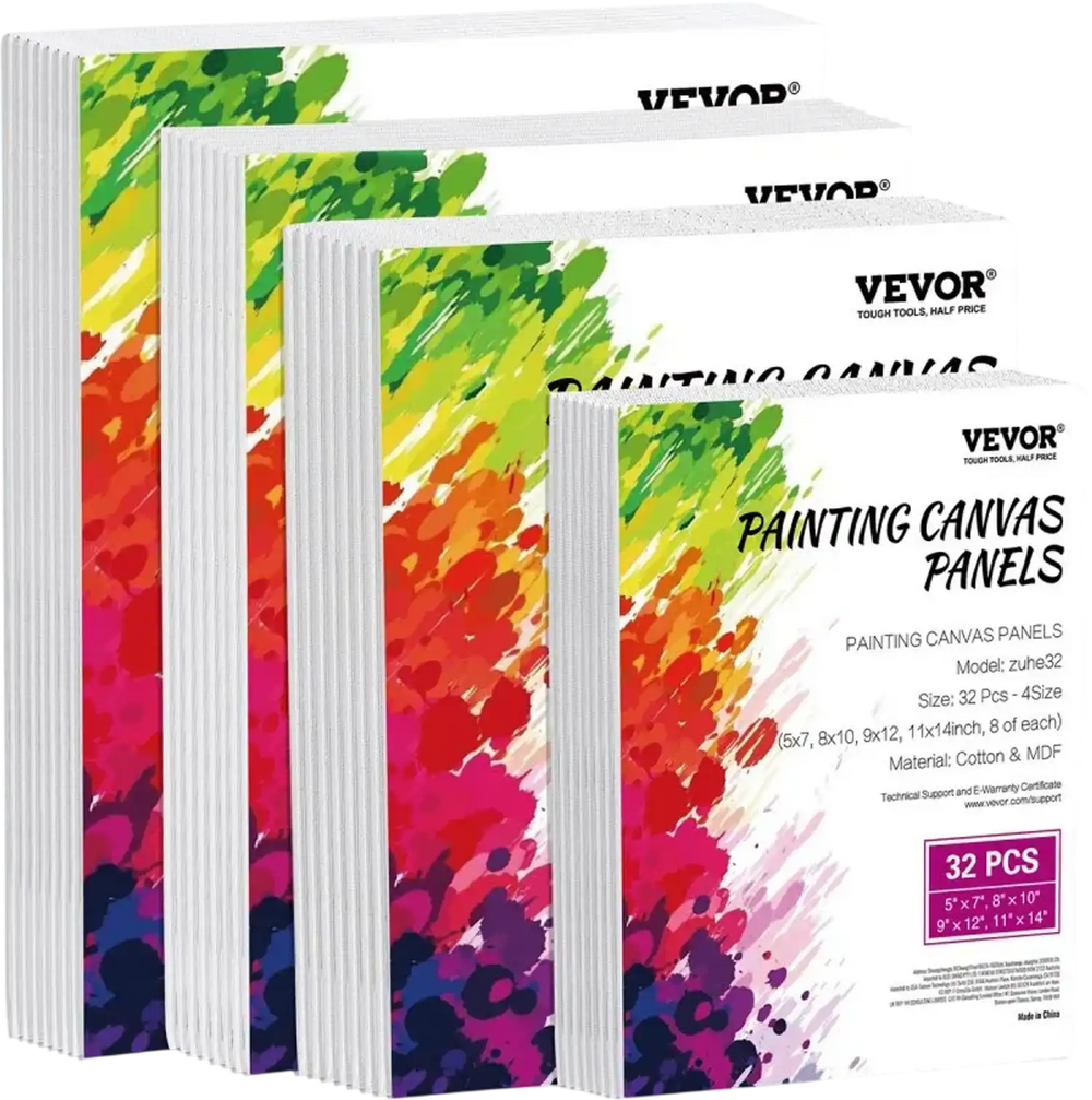 VEVOR Canvas Boards for Painting, 32 Pack White Painting Canvases Set - 5x7, 8x10, 9x12, 11x14 Painting Canvas Panels for Acrylic and Oil Painting, Watercolor, Paint Canvas for Kids and Professionals