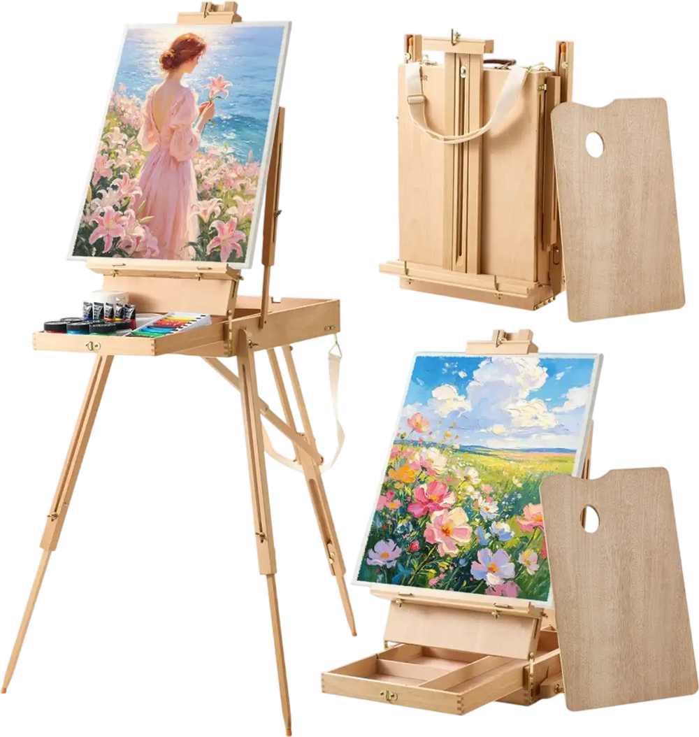 VEVOR French Easel with Legs Foldable and Portable Sketchbox Easel Stand, For Painting, Solid Beech Wood, Holds Canvas up to 33.86", Adjustable Height & Angle, with Drawer, Palette, Shoulder Strap