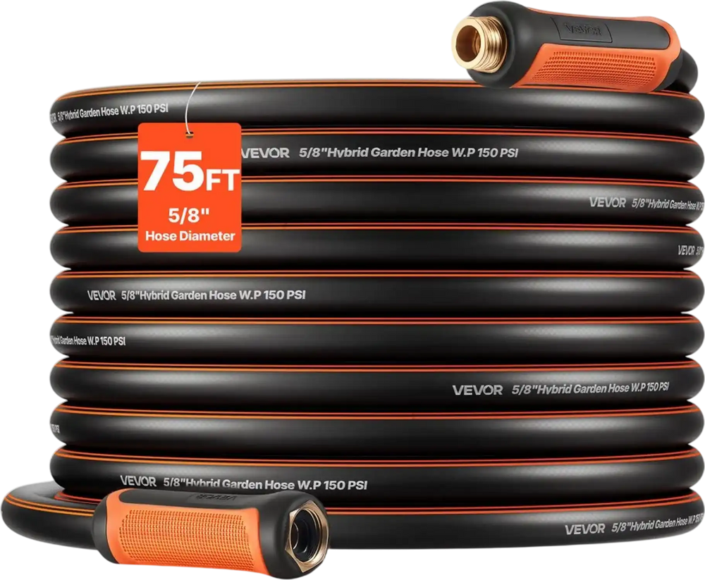 VEVOR Garden Hose, 75 ft 5/8" Heavy Duty 4-Layer Rubber Water Hose, 150PSI Working & 600PSI Burst, Flexible & Non-kink Outdoor Waterhose with 3/4" Fitting, Lightweight Hoses for Gardening Cleaning
