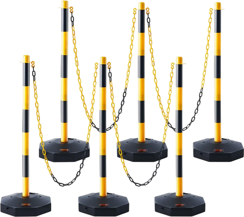 VEVOR Adjustable Traffic Delineator Post Cones, 6 Pack, Traffic Safety Delineator Barrier with Fillable Base 8FT Chain, for Traffic Control Warning Parking Lot Construction Caution Roads, Yellow&Black