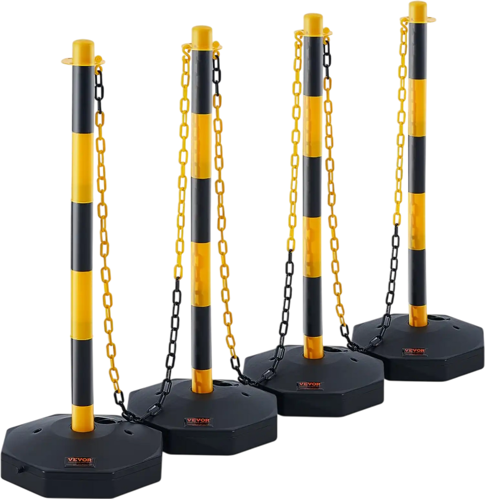 VEVOR Adjustable Traffic Delineator Post Cones, 4 Pack, Traffic Safety Delineator Barrier with Fillable Base 8FT Chain, for Traffic Control Warning Parking Lot Construction Caution Roads, Yellow&Black