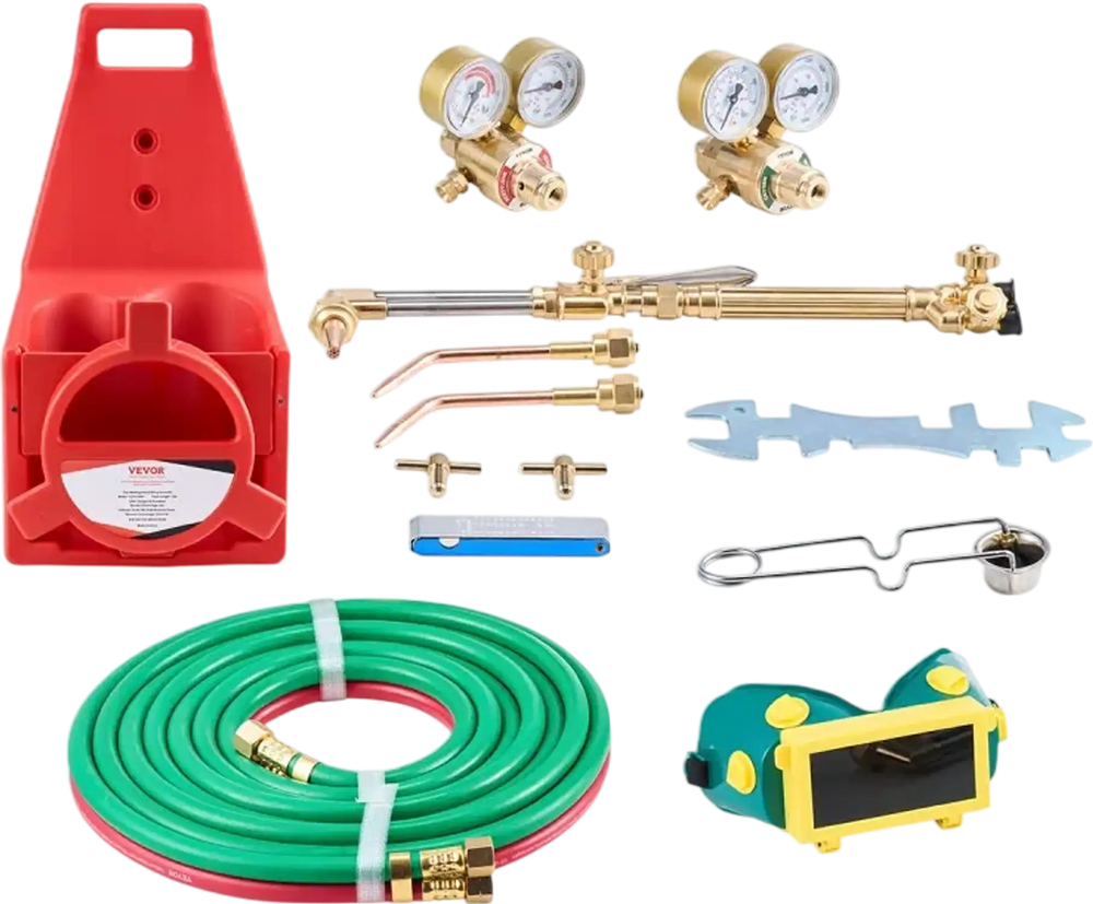 VEVOR Oxygen Acetylene Torch Kit, Gas Welding Cutting Torch Kit, 14PCS Portable Oxy Acetylene Brazing Set with 177'' Twin-Hose, Cutting Nozzle, 2 Welding Tips & Cylinder Holder (without Gas Cylinder)