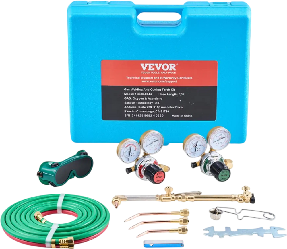 VEVOR Oxygen Acetylene Torch Kit, Gas Welding Cutting Torch Kit, 14PCS Portable Oxy Acetylene Brazing Set with 177'' Long Twin-Hose, Cutting Nozzle, 3 Welding Tips & Carry Case (without Gas Cylinder)