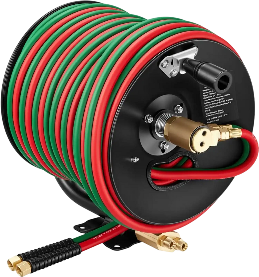 VEVOR Retractable Welding Hose Reel, Hand Crank Manual Rewind Hose Reel with 1/4 Inch x 100FT Twin Oxygen Acetylene Rubber Hose Max 300PSI - T Grade, Ceiling/Wall Mount Steel Reel for Workshop Garages