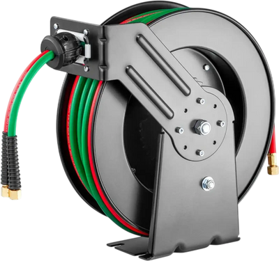 VEVOR Retractable Welding Hose Reel, 1/4-Inch x 50FT Twin Oxygen Acetylene Rubber Hose Max 300PSI - R Grade, Ceiling/Wall Mount Heavy Duty Steel Hose Reel Auto-Rewind, Ideal for Workshops Garages