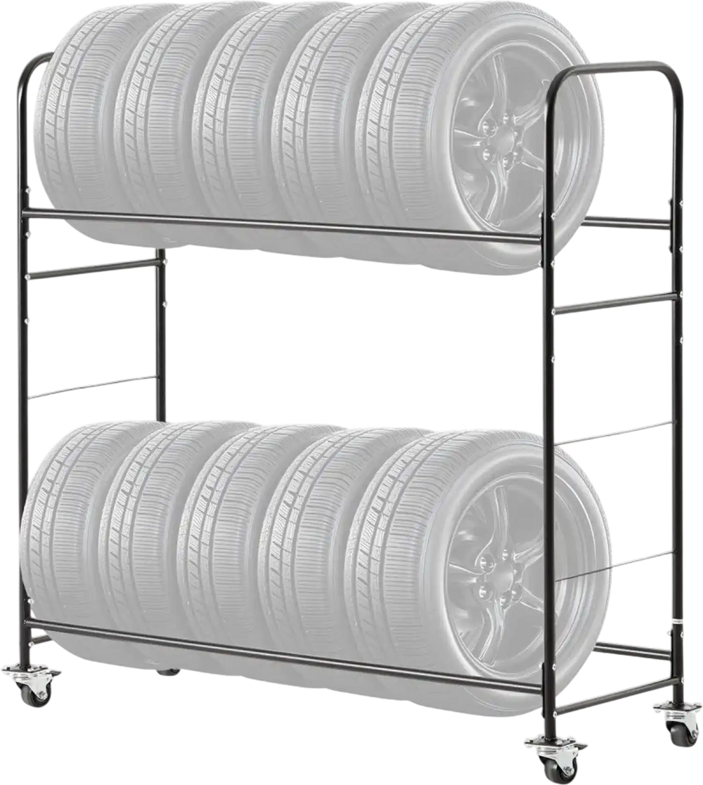 VEVOR Rolling Tire Storage Rack, 2-Shelf Tire Holder and Transport Trailer for Garage, Heavy-Duty Steel Tire Storage Cart with Wheel, Adjustable Height & Protective Cover, Hold up to 12 Standard Tires