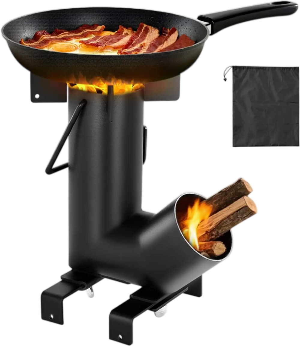 VEVOR Camping Rocket Stove, Wood Burning Portable Rocket Stove with Carrying Bag for Backpacking, Carbon Steel, Burn Wood, Twigs or Sticks for Outdoor Cooking, Backyard, Camp Cooking, Heating, Black