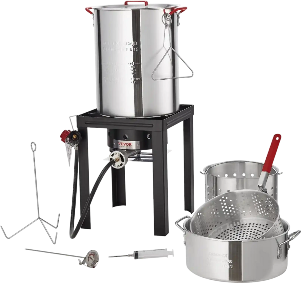 VEVOR Turkey Deep Fryer, 30-qt Turkey & 10-qt Fish Steamer Cooker Set, Outdoor Aluminum Seafood Frying Pot, 54,000 BTU Burner Propane Gas Boiler, Includes Baskets, Perforated Poultry Rack, Thermometer