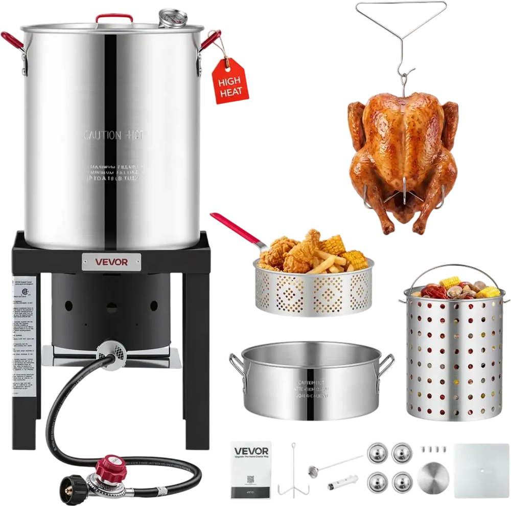 VEVOR 30 Qt. Turkey and 10 Qt. Fish Fryer Seafood Deep Boiler Aluminum, Outdoor Cooker for Crawfish, Crab, Shrimp, Lobster, Complete Steamer Kit with Basket, Stand, and 54,000 BTU Propane Burner