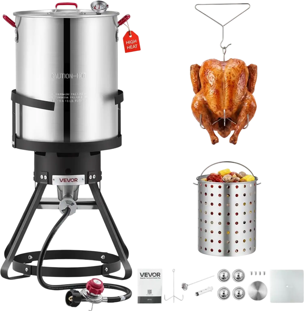 VEVOR 30 QT Turkey Fryer Set and Seafood Boiler Aluminum Deep Frying Pot, Outdoor Cooker for Crawfish, Crab, Shrimp, Lobster, Complete Cooking Kit with Basket, Stand, and 54,000 BTU Propane Burner