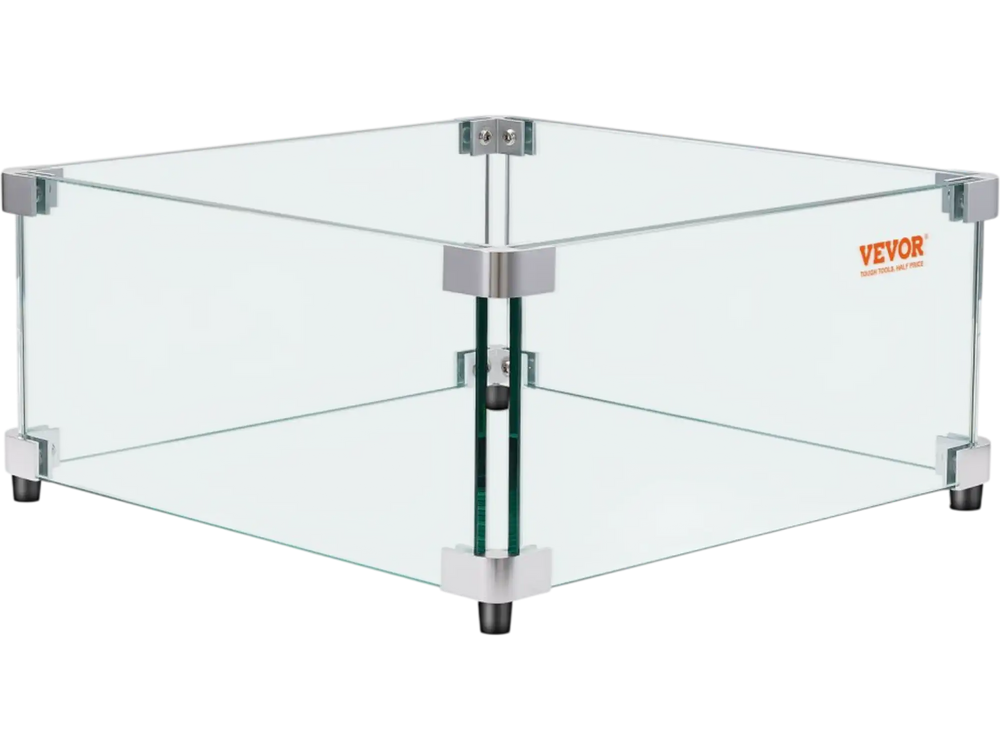 VEVOR Gas Fire Pit Wind Guard for Square Fire Table, 21 x 21 x 7.5 inch Clear Tempered Wind Guard for Firepits, 0.31 inch Thick Square Glass Shield, Glass Panel with Hard Corner Bracket & Feet