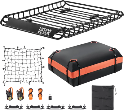 VEVOR Roof Rack Basket, 51 x 36 x 4.1 in, Universal Rooftop Cargo Carrier with 1120 x 870 x 260 mm Cargo Bag, Net, Ratchet Straps, 200 lbs Max Load Capacity Car Top Luggage Holder, for SUV Truck Car