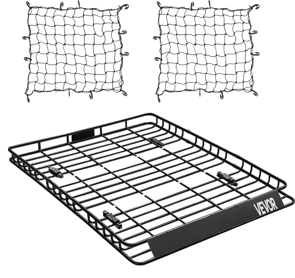 VEVOR Roof Rack Basket, 64 x 50 x 4.1 in, Universal Rooftop Cargo Carrier with Two 35.4 x 39.4 in Cargo Net,150 lbs Max Car Top Luggage Holder, 4.1 in Fence, Anti-Rust Alloy Steel, for SUV Truck Car