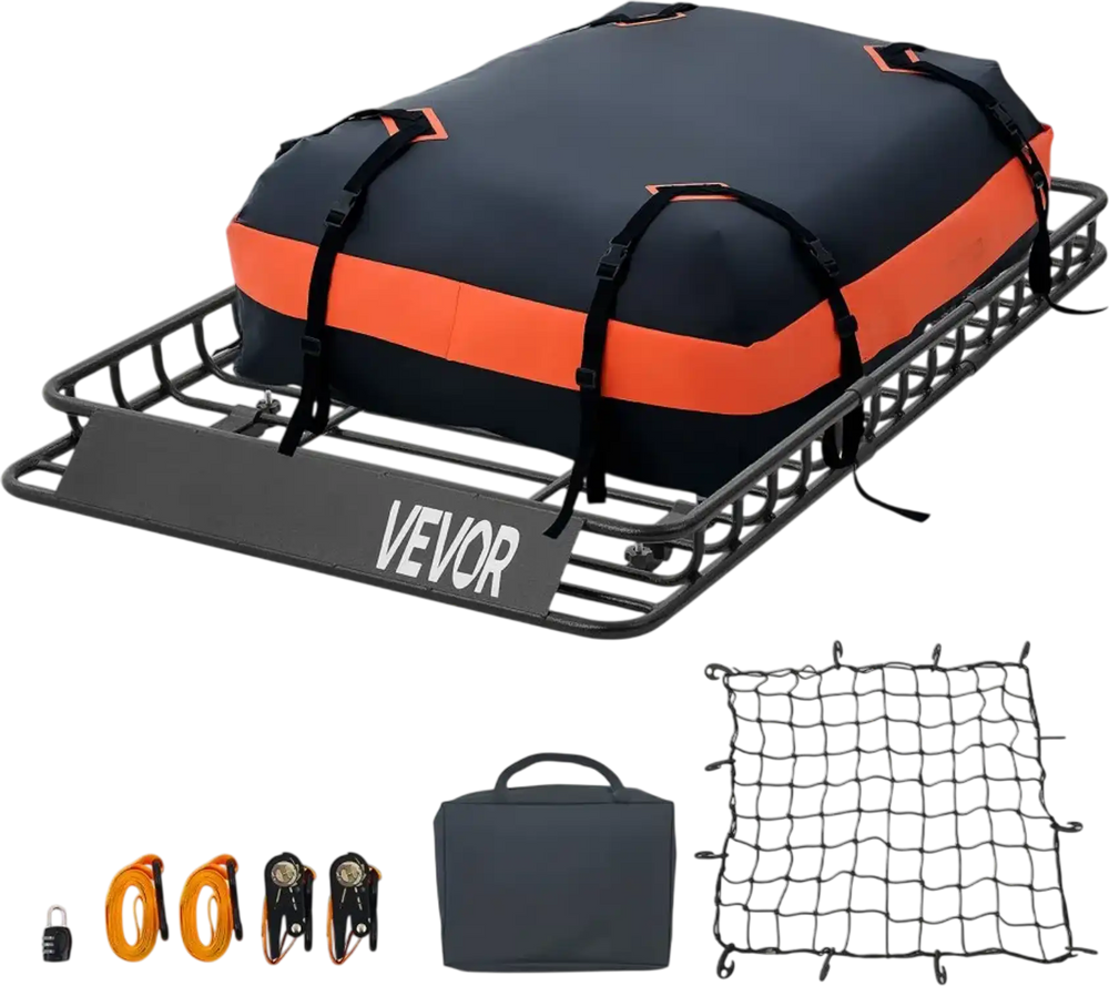 VEVOR Roof Rack Cargo Basket, 54 x 34 x 4 in, Heavy Duty Roof Top Carrier Basket with Waterproof Bag, Cargo Net, Ratchet Straps, 200 lbs Capacity, Universal Car Top Luggage Holder, for SUV Truck Car