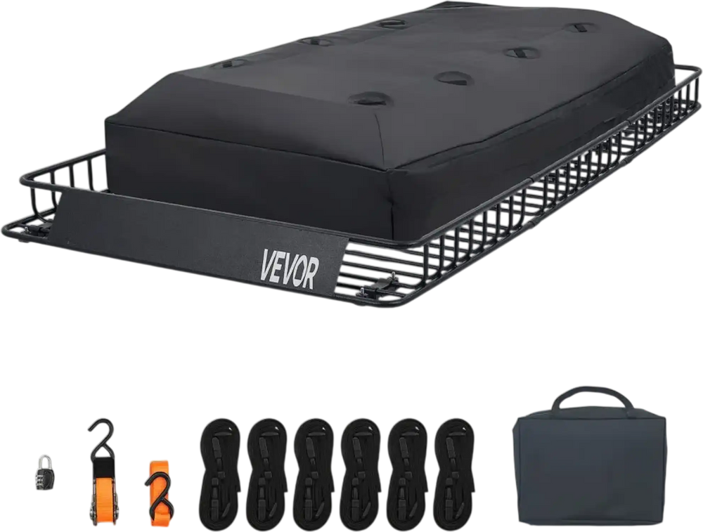 VEVOR Roof Rack Cargo Basket, 90 x 50 x 6 in, Heavy Duty Roof Top Carrier Basket with Waterproof Rooftop Bag, Ratchet Straps, 250 lbs Capacity, All-Weather Car Top Luggage Holder, for SUV Truck Car