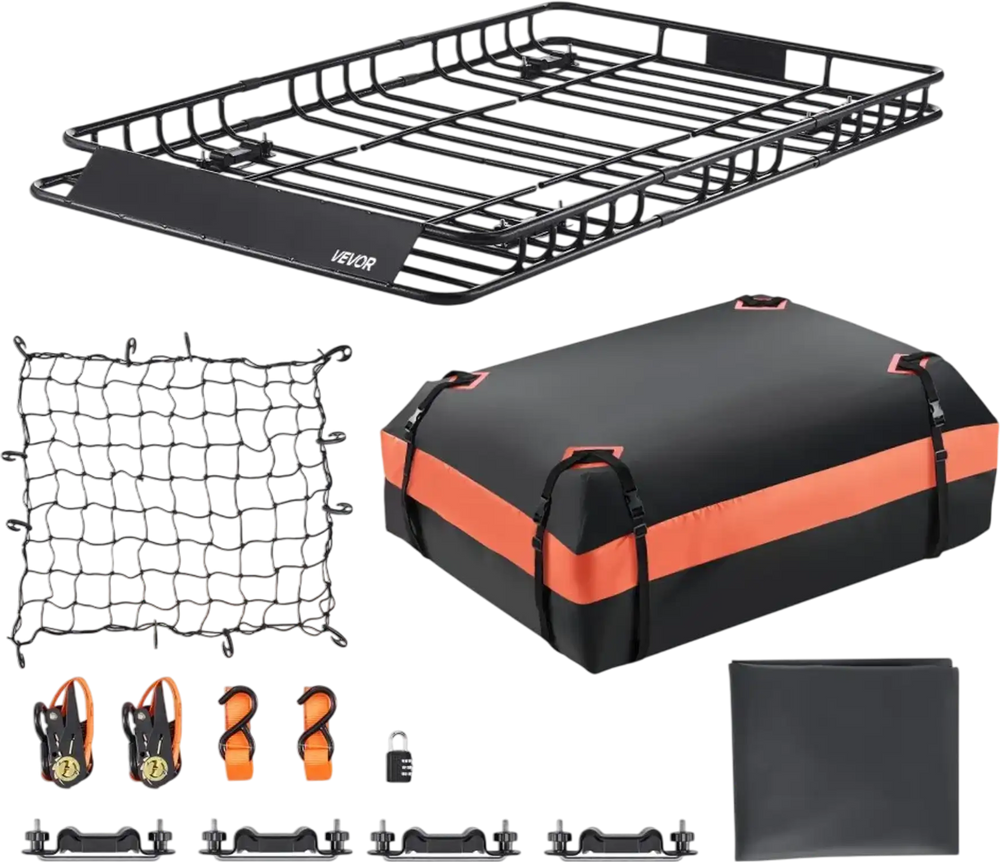 VEVOR Roof Rack Basket, 64 x 39 x 4.1 in, Universal Rooftop Cargo Carrier with 44.1 x 34.3 x 10.2 in Cargo Bag, Net, Ratchet Straps, 250 lbs Max Load Capacity Car Top Luggage Holder, for SUV Truck Car