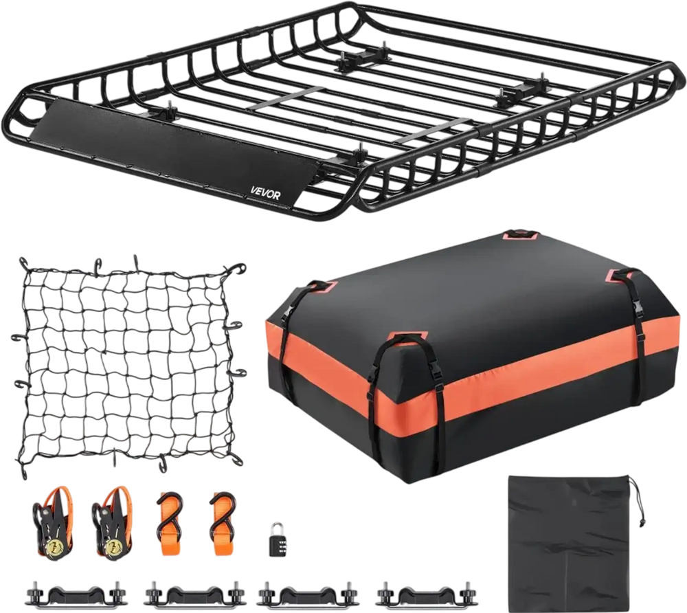 VEVOR Roof Rack Basket, 51 x 36 x 4.1 in, Universal Rooftop Cargo Carrier with 1120 x 870 x 260 mm Cargo Bag, Net, Ratchet Straps, 200 lbs Max Load Capacity Car Top Luggage Holder, for SUV Truck Car