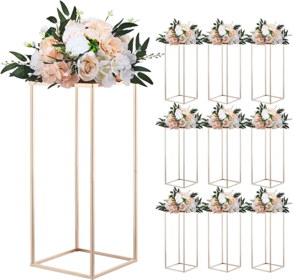 VEVOR Wedding Flower Stand, 10PCS 23.62-inch Column Flower Stand, Floral Stands with Metal Laminate, Rectangular Floral Display Rack for Wedding, Party, Birthday, Home, French Gold Stands
