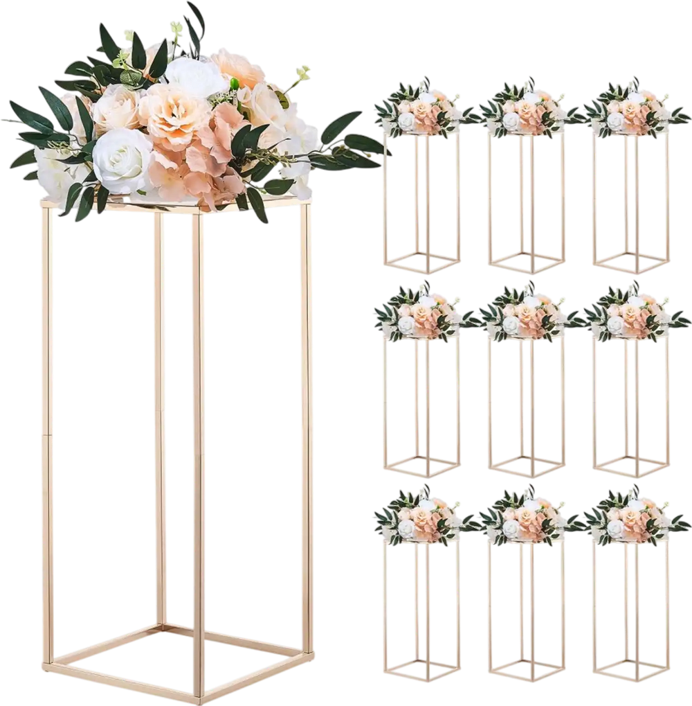 VEVOR Wedding Flower Stand, 10PCS 23.62-inch Column Flower Stand, Floral Stands with Acrylic Laminate, Rectangular Floral Display Rack for Wedding, Party, Birthday, Home, French Gold Stands