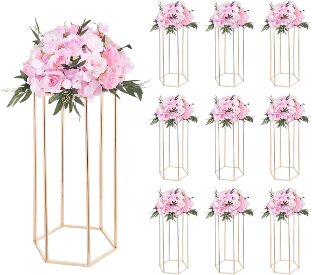 VEVOR Wedding Flower Stand, 10PCS 23.62-inch Column Flower Stand, Floral Stands with Acrylic Laminate, Hexagonal Cubic Floral Display Rack for Wedding, Party, Birthday, Home, French Gold Stands