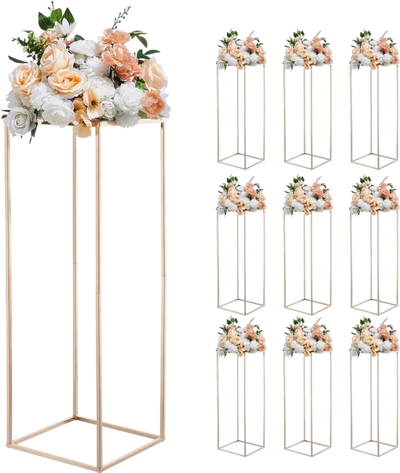 VEVOR Wedding Flower Stand, 10PCS 31.5-inch Column Flower Stand, Floral Stands with Metal Laminate, Rectangular Floral Display Rack for Wedding, Party, Birthday, Home, French Gold Stands