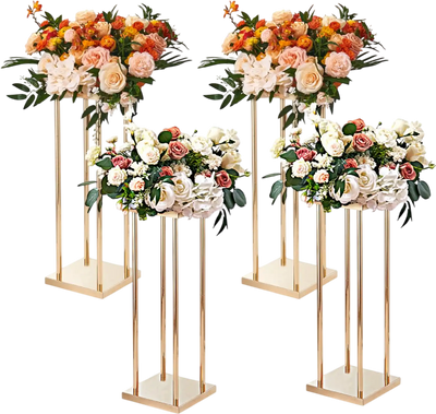 VEVOR 4PCS Gold Metal Column Wedding Flower Stand, 31.5inch High With Metal Laminate, Vase Geometric Centerpiece Stands, Cylindrical Floral Display Rack for Events Reception, Party Road Leads