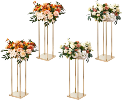 VEVOR 4PCS Gold Metal Column Wedding Flower Stand, 23.6inch High With Metal Laminate, Vase Geometric Centerpiece Stands, Cylindrical Floral Display Rack for Events Reception, Party Road Leads