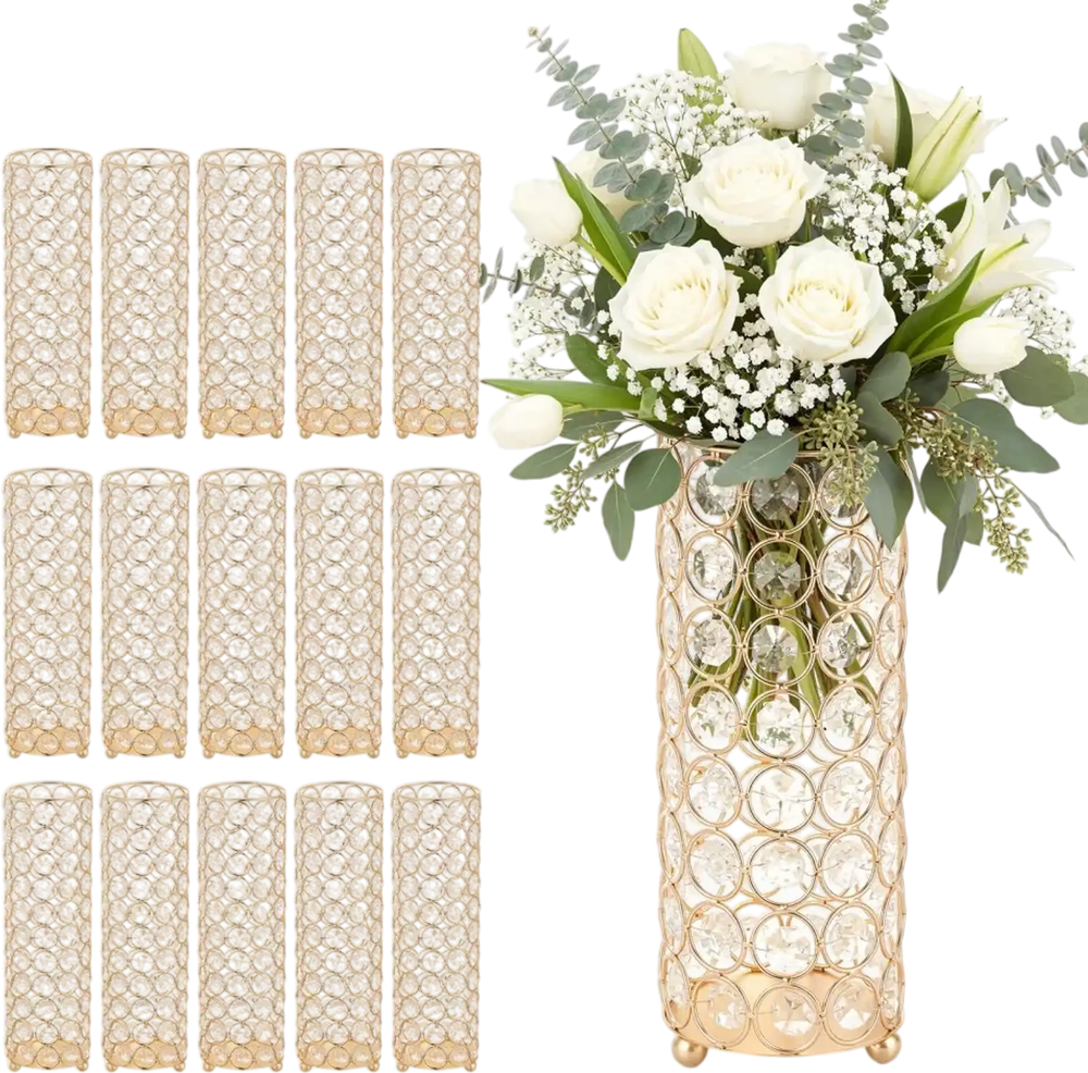VEVOR 16 PCS Crystal Wedding Flower Vase, 10.24 in Tall Flower Table Centerpieces, Crystal Cylinder Banquet Vases Easy Installation, Versatile Arrangement Stand for Party Events Room Home Decor, Gold