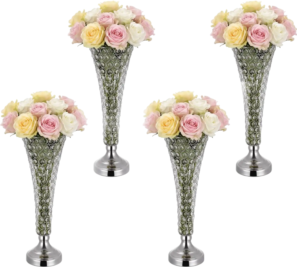 VEVOR 4 PCS Crystal Wedding Flower Vase, 20 in Tall Flower Table Centerpieces, Crystal Cylinder Banquet Vases Easy Installation, Versatile Arrangement Stand for Party Events Room Home Decor, Silver