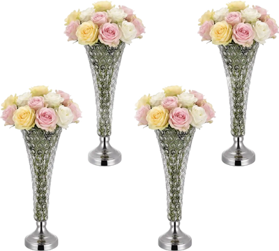 VEVOR 4 PCS Crystal Wedding Flower Vase, 20 in Tall Flower Table Centerpieces, Crystal Cylinder Banquet Vases Easy Installation, Versatile Arrangement Stand for Party Events Room Home Decor, Silver