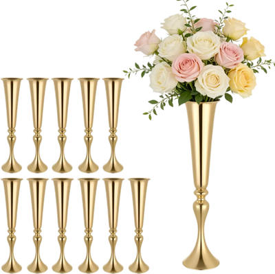 VEVOR 12 PCS Wedding Flower Vase, 21.7 in Tall Trumpet Flower Table Centerpieces, Banquet Vases Easy Installation, Electroplated Versatile Arrangement Stand for Party Events Home Decor Reception, Gold
