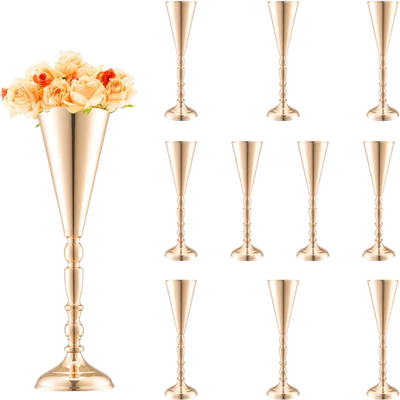 VEVOR 10PCS 43cm/16.9” Tall Wedding Flower Vase, Metal Wedding Trumpet Centerpiece, Gold Floral Stand Display Rack for Tables Wedding Dinner Party, Anniversary Ceremony Birthday Event Decor