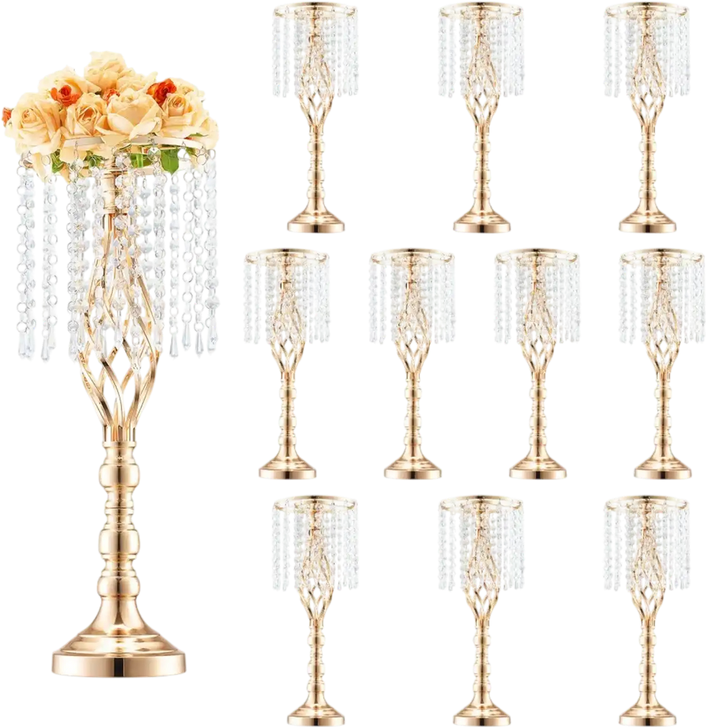 VEVOR 10PCS 55cm/21.65” Tall Crystal Wedding Flower Stand, Metal Wedding Centerpiece Vase, Gold Flower Holders Floral Display Rack for Tables Wedding Dinner Party, Ceremony Birthday Event Decor
