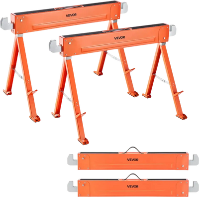 VEVOR Saw Horses, 2 Pack Folding Work Horses, 1323 lbs Load Capacity Sawhorse with Heavy Duty Legs, All-Metal Portable Saw Horse with Non-Slip Foot Pads, for Woodworking, Carpenters & Contractors