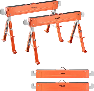 VEVOR Saw Horses, 2 Pack Folding Work Horses, 1800 lbs Load Capacity Sawhorse with Heavy Duty Legs, Adjustable Height Saw Horse with Non-Slip Foot Pads, for Woodworking, Carpenters & Contractors