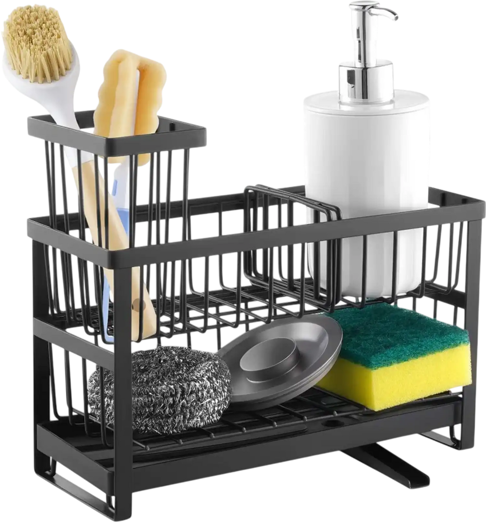 VEVOR Kitchen Sink Caddy Organizer, 2 Tier Sponge Holder for Kitchen Sink with High Brush Holder & Divider, Storage Rack with Rotatable Drainage Spout, Countertop Organizers and Storage Essentials