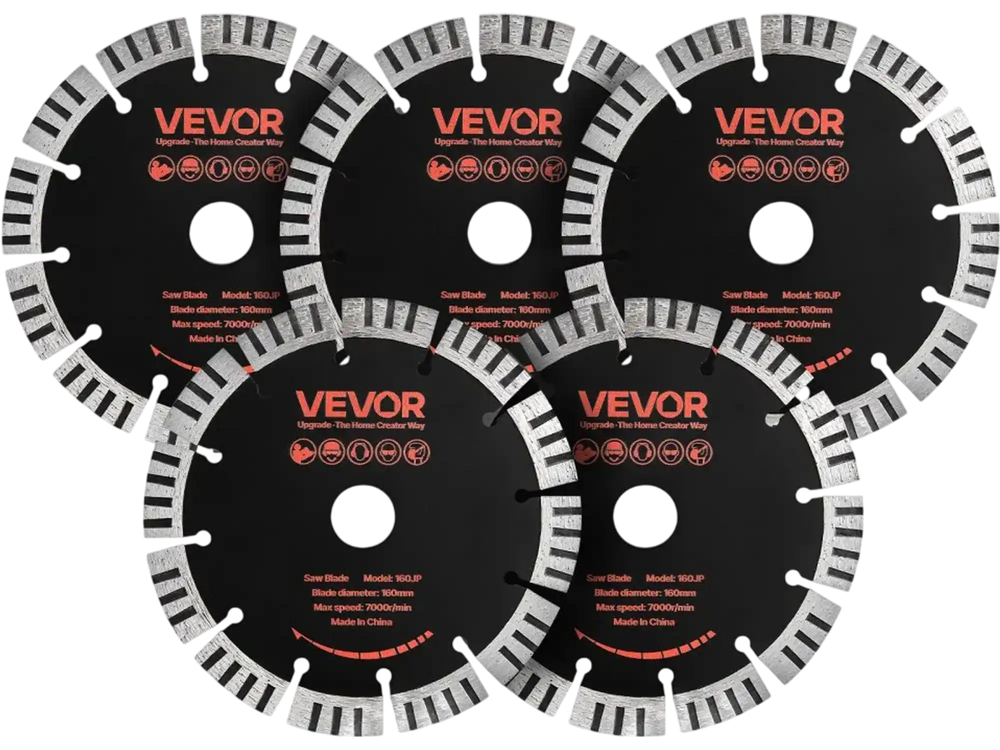 VEVOR Diamond Blades 6.3 inch, 5-Pack Wall Chaser Saw Blade Cutting Blade, 0.87 in Arbor, High-Hardness Diamond Segments, 65Mn Steel Core, Dry Wet Cutting, Clean Edges for Concrete Brick Stone Cement