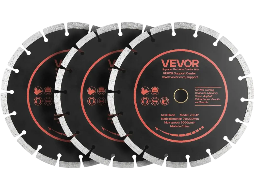 VEVOR Diamond Blades 9 inch, 3-Pack Concrete Saw Blade Set, 7/8 in Arbor, High-Hardness Diamond Segments, 65Mn Steel Core, Dry Wet Cutting, Clean Edges for Concrete, Masonry, Brick, Stone, Granite
